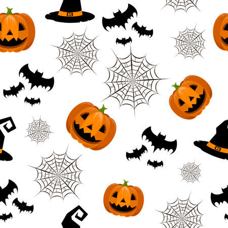 Halloween seamless background with pumpkin, spider webs, bats and witch hat. For gift paper, textiles, clothes, social networks, wallpaper, prints, festive decorのイラスト素材