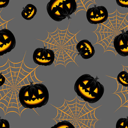 Pattern with black pumpkin and orange spider webs on grey background. For gift paper, textiles, clothes, social networks, wallpaper, prints, festive decorのイラスト素材