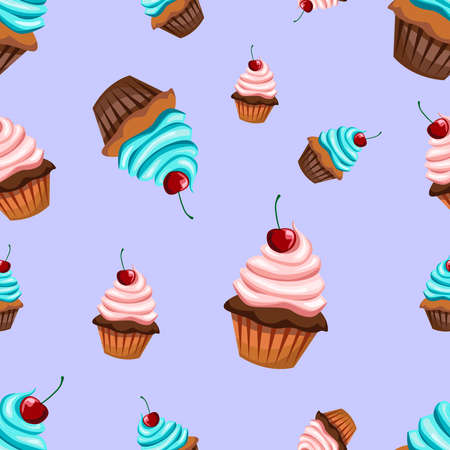 Seamless pattern with various cupcakes on a lilac background. Sweet pastries are decorated with...