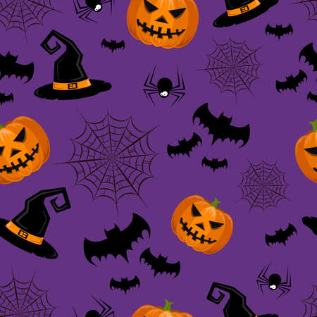 Pattern with pumpkin, spider webs, bats and witch hat on purple background. For gift paper, textiles, clothes, social networks, wallpaper, prints, festive decorの写真素材
