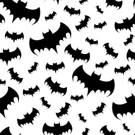 Halloween illustration. For gift paper, textiles, clothes, social networks, wallpaper, prints, festive decor. Black bat seamless pattern on white background.の写真素材