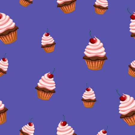 Sweet pastries are decorated with cherries. Seamless pattern with various cupcakes on a violet background.の写真素材