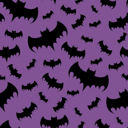 Halloween illustration. For gift paper, textiles, clothes, social networks, wallpaper, prints, festive decor. Black bat seamless pattern on purple background.の写真素材