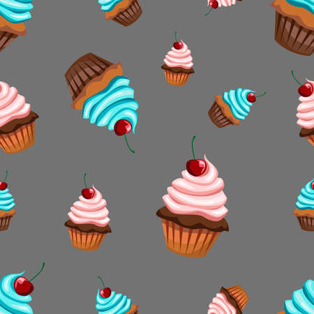 Sweet pastries are decorated with cherries. Seamless pattern with various cupcakes on a gray background.のイラスト素材