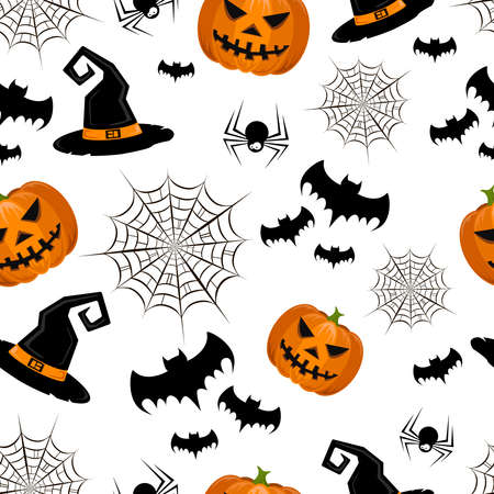 Pattern with pumpkin, spider webs, bats and witch hat jn white background. For gift paper, textiles, clothes, social networks, wallpaper, prints, festive decor. Halloween.の写真素材