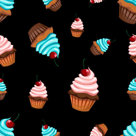 Seamless pattern with various cupcakes on a black background. Sweet pastries are decorated with cherries.の写真素材