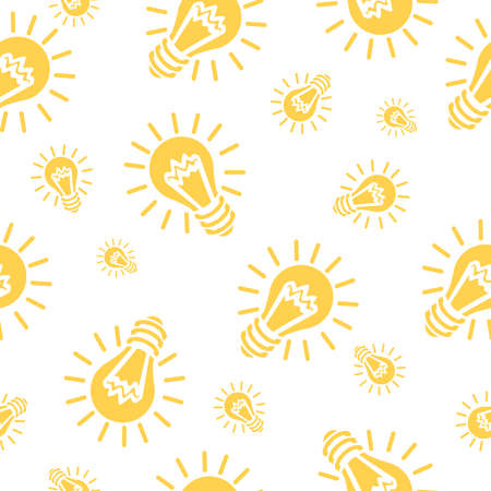 Lampe, arrow, question mark icon, isolated, graphic style. Cover for school notebook. Experiment sign, idea symbol, sciense seamless pattern.の写真素材