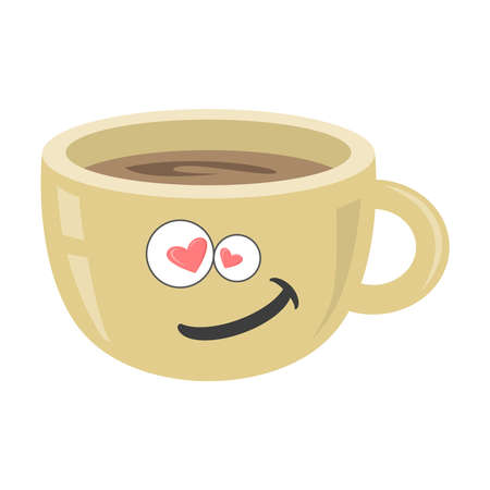 Coffee cup on white isolated background. Espresso. Black coffee icon. Vector. Funny cup with a smile and hearts.のイラスト素材