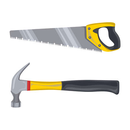 Saw and hammer icon, isolated on white background. Hand saw isolated, symbol. Vector illustration. Tools carpenter, repairmen. Vector illustration flat design.のイラスト素材