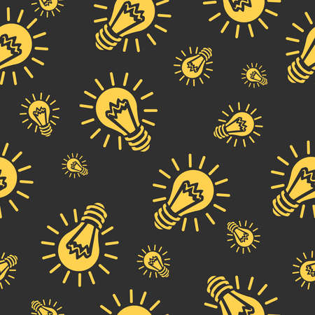 Experiment sign, idea symbol, sciense seamless pattern. Lampe, arrow, question mark icon, isolated, graphic style Cover for school notebookの写真素材