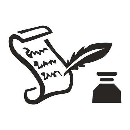 Icon. Vector hand drawn monochrome ancient pen. vintage quill. Feather pen ink calligraphic letter vector illustration.のイラスト素材