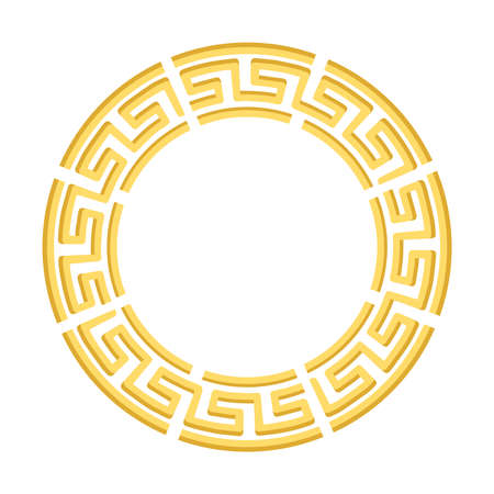 Abstract geometric ornament in the form of a circle isolated on white background. Yellow. Gold. Vintage frames. Vector illustration. Decorative round frame in Greek style for photo or text.のイラスト素材