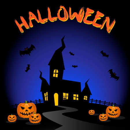 Vector illustration. Halloween background with silhouettes. Haunted House, Pumpkins and Bats. For holiday decor, postcards, print, flyer partyのイラスト素材