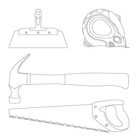 Hammer, saw, putty knife and roulette vector illustrations. Outline signs for carpenter, builder equipment store. Editable Strokes. Construction tools flat line icons set.のイラスト素材