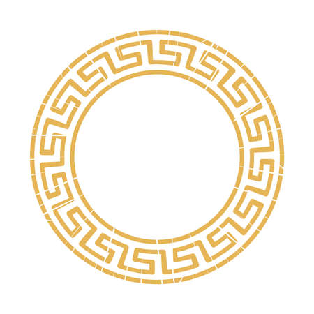 Abstract geometric ornament in the form of a circle isolated on white background. Yellow. Gold. Vintage frames. Vector illustration. Decorative round frame in Greek style for photo or text.のイラスト素材