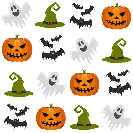For gift paper, textiles, clothes, social networks, wallpaper, prints, festive decor. Helloween. Set with pumpkin, ghost, bats and witch hat on white background.のイラスト素材