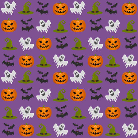 Helloween. Vector illustration. Set with pumpkin, ghost, bats and witch hat. For gift paper, textiles, clothes, social networks, wallpaper prints festive decorのイラスト素材
