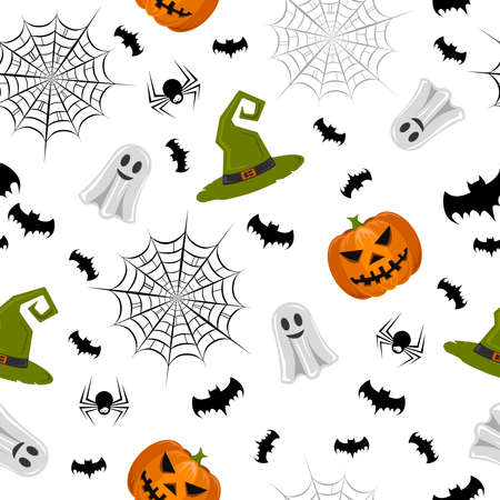 Pattern with pumpkin, spider webs, bats and witch hat jn white background. For gift paper, textiles, clothes, social networks, wallpaper, prints, festive decor. Halloween.の写真素材