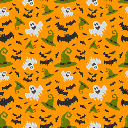 Helloween. Pattern with ghost, bats and witch hat. For gift paper, textiles, clothes, social networks, wallpaper, prints festive decor illustrationの写真素材