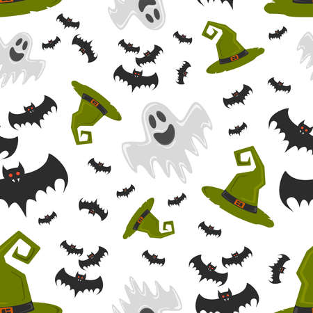 Helloween. Pattern with ghost, bats and witch hat. For gift paper, textiles, clothes, social networks, wallpaper, prints festive decor illustrationの写真素材