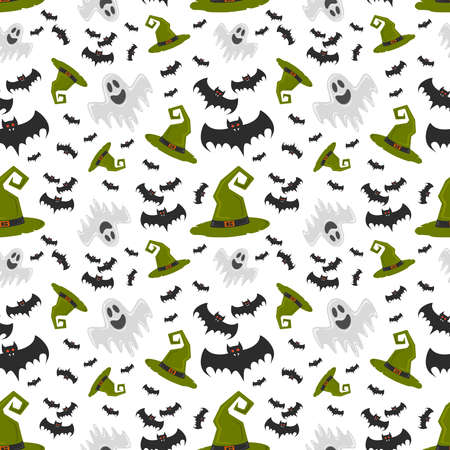 Helloween. Pattern with ghost, bats and witch hat. For gift paper, textiles, clothes, social networks, wallpaper, prints festive decor illustrationの写真素材