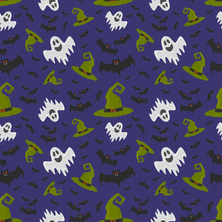 Helloween. Pattern with ghost, bats and witch hat. For gift paper, textiles, clothes, social networks, wallpaper, prints festive decor illustrationの写真素材