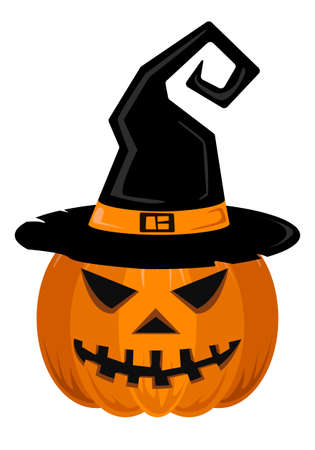 Pumpkin with black witch hat on white background. For gift paper, textiles, clothes, social networks, wallpaper, prints, festive decor. Helloween. Illustration.の写真素材
