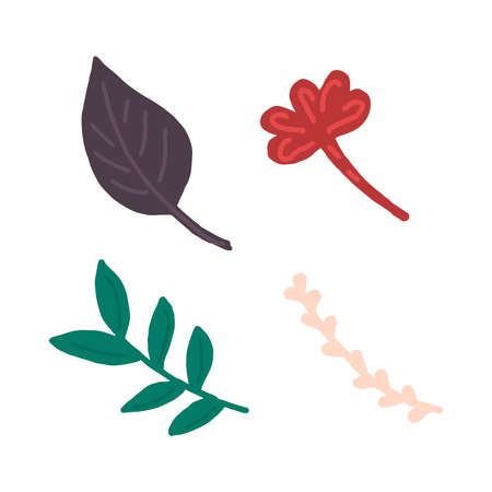 Tropical flat design with particle texture. Botanical illustration. Set of abstract colorful leaves. Vector isolated elements on a white background.のイラスト素材