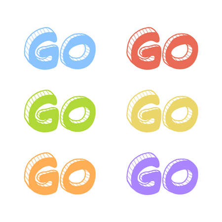Set with the words Go. Red, green, blue, yellow, orange and lilac colors. Handwritten calligraphy for invitation and greeting card, t-shirt, prints and posters. Black illustration on white background. Lettering card.のイラスト素材