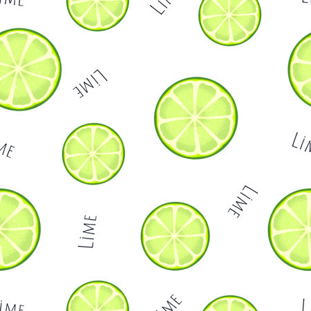 Lime slice citrus on white background. Tropical fruits. vegetarian food. Seamless pattern. illustration.の写真素材