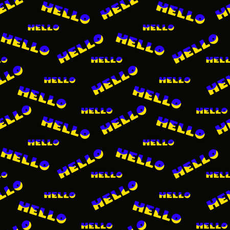 Pattern of the word HELLO. Seamless pattern with blue and yellow colors letters on a black background. For tablecloth, dress, skirt, textile design. Flat stileの写真素材