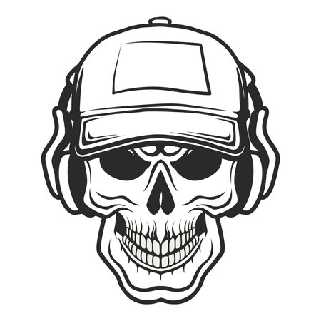 Hand drawn human skull wearing in black and white hat and headphone. Sketch style vector illustration isolated on white background. Outline vector skull in black. Tattooのイラスト素材