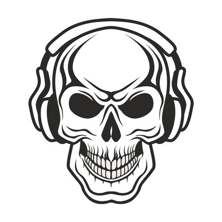 Hand drawn human skull wearing in black and white headphone. Sketch style vector illustration isolated on white background. Outline vector skull in black. Tattooのイラスト素材