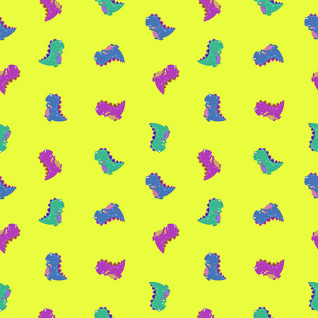 Tyrannosaurus pattern seamless. Yellow background. T Rex texture. Pink, green, blue prehistoric lizard monster.の写真素材
