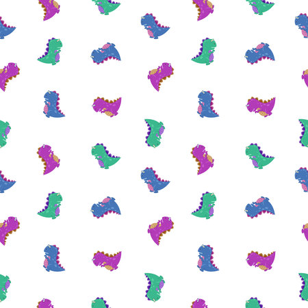Dinosaurs on white background. Print for textiles, clothes, t-shirts, wrapping paper and more. T Rex texture. Pink, green, blue prehistoric lizard monster. Dino pattern.の写真素材