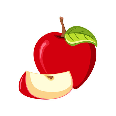 Red Apples with Green Leaves and Apple Slice. Flat vector Vector Illustration.のイラスト素材