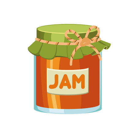 Jam in glass jars in cartoon style. Confiture spread isolated on white background. Vector food illustration in flat style.のイラスト素材