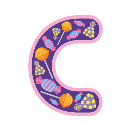 Vector isolated cartoon illustration of English alphabet letter C . Colorful letter with candy. For print, birthday party, school lessons, Kids style. Cのイラスト素材