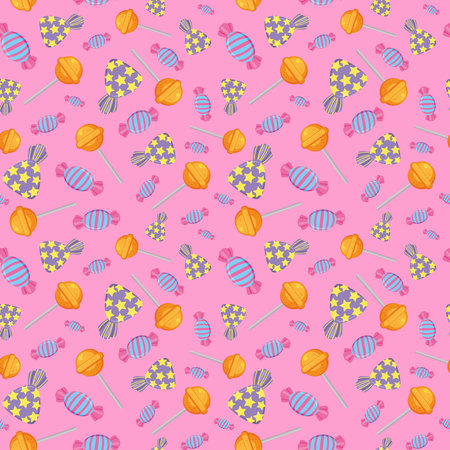 Illustration of a seamless repeating pattern of colorful lollipops and candy on pink background. Pattern with colorful candies. Repeatable candy pattern. For print, birthday party, school lessons, textile.の写真素材