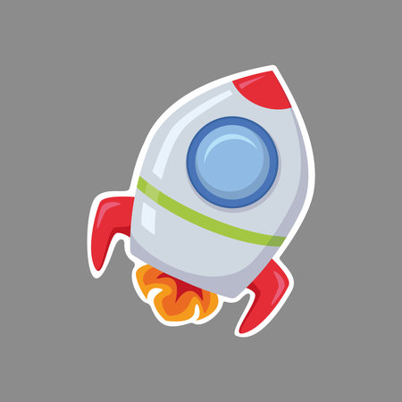 Cartoon style minimal spaceship rocket icon. Toy rocket upswing ,spewing smoke. Startup, space, business concept.のイラスト素材
