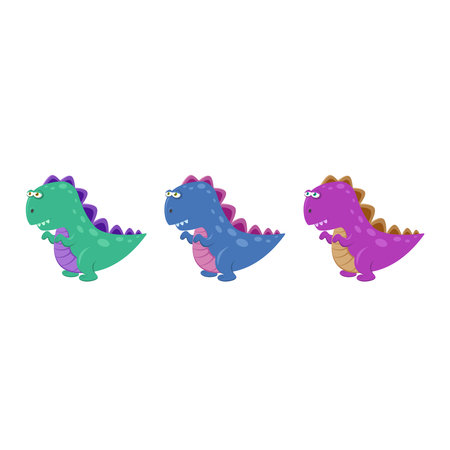Cute blue, green and pink little dinosaurs. Cartoon flat vector illustration isolated on white background. Print for textiles, clothes, t-shirts, wrapping paper and more.のイラスト素材