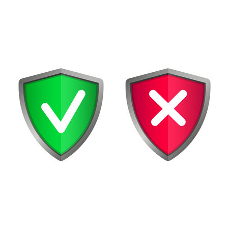 Shields and check marks icons set. Red and green shield with checkmark and x mark. Protection, safety, security, reliability concepts. Modern flat design graphic elements. Vector iconsのイラスト素材