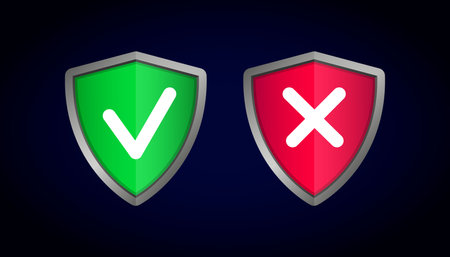 Shields and check marks icons set. Red and green shield with checkmark and x mark. Protection, safety, security, reliability concepts. Modern flat design graphic elements. Vector iconsのイラスト素材