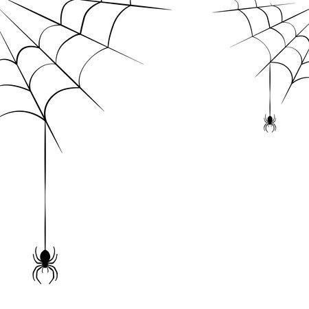 White Halloween banner with spiderweb and spiders. Vector background. Scary cobweb symbol of Halloween. Isolated on white vector imageのイラスト素材