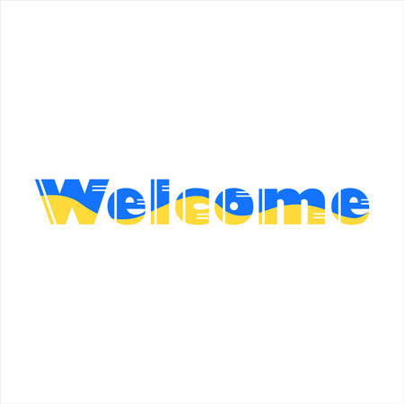 Word Welcome with blue and yellow colors. Letters on white background. Welcom to Ukraine emblem for print and web. Design features geometric style, vector illustration with bold typography in modern font. Graphic slogan.のイラスト素材