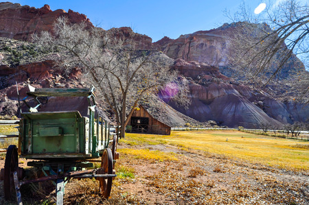 Old barn and wooden cart in Capitol Reef National Park
