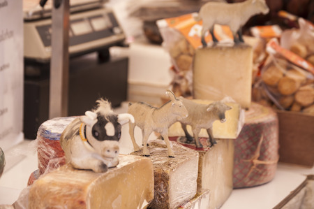 variety of cheeses Sineu market, Mallorca Spainの写真素材