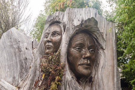 Nelson, New Zealand Close-Up of Iconic Papa and Rangi Sculpture at Arts Unique, next to the entrance to the Abel Tasman National Park, Marahau, Tasman Region, New Zealand.のeditorial素材