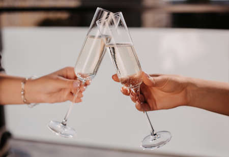 Cheers! Friends cheering with champagne on the terrace