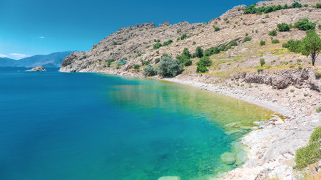 Aerial view of Lake Van the largest lake in in Western Armeniaの写真素材